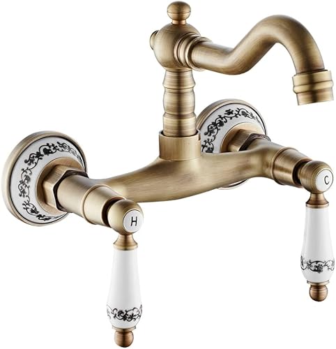 HIGOH Grifos, grifo mezclador de lavabo de latón antiguo, grifo de cocina montado en la pared, grifo de fregadero de rotación caliente y fría, grifo
