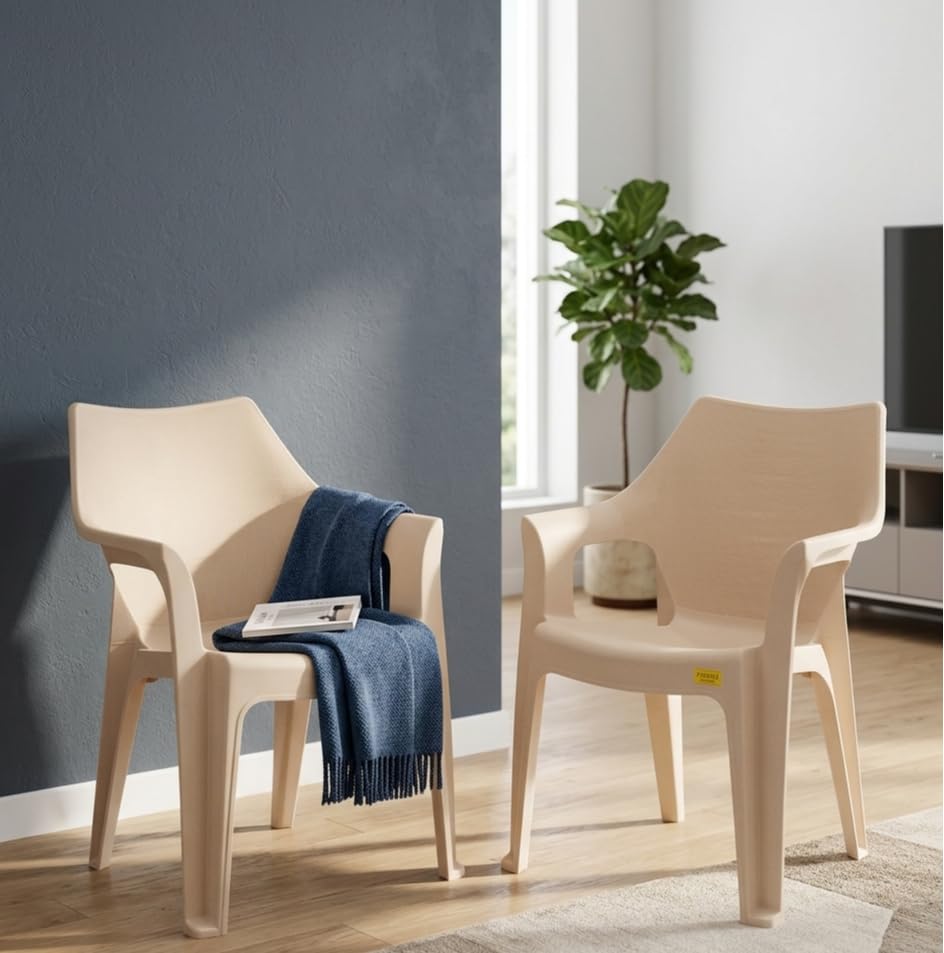Image of Patiofy Plastic Chair for Home & Outdoor Use | Heavy Duty Comfortable Chair with Strong Legs | Stackable, Easy to Clean | Suitable for Living Room, Balcony, Patio Pack of 2 (Oxford Cream)