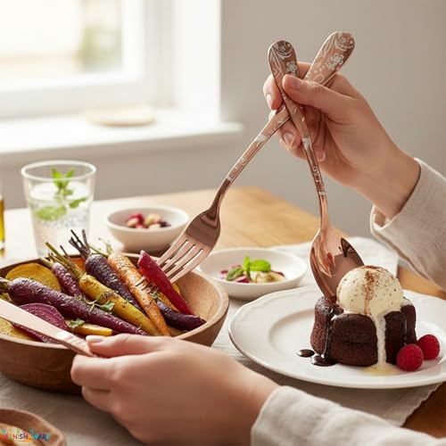 Image of Floral Rose Gold 20 Pcs Stainless Steel Cutlery Set for Dining Table, Dishwasher Safe Glossy Flatware (4 Spoon Set+4 Forks Set+4 Butter Knife+4 Dessert Spoon+ 4 FruitFork)