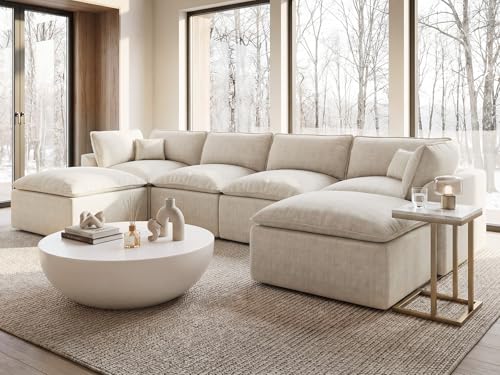 Image of COSIEST139'' Boneless Sectional Couch, Modular Sectional Sofa with Ottoman, 6 Seater U Shaped Cloud Couch for Living Room, Beige