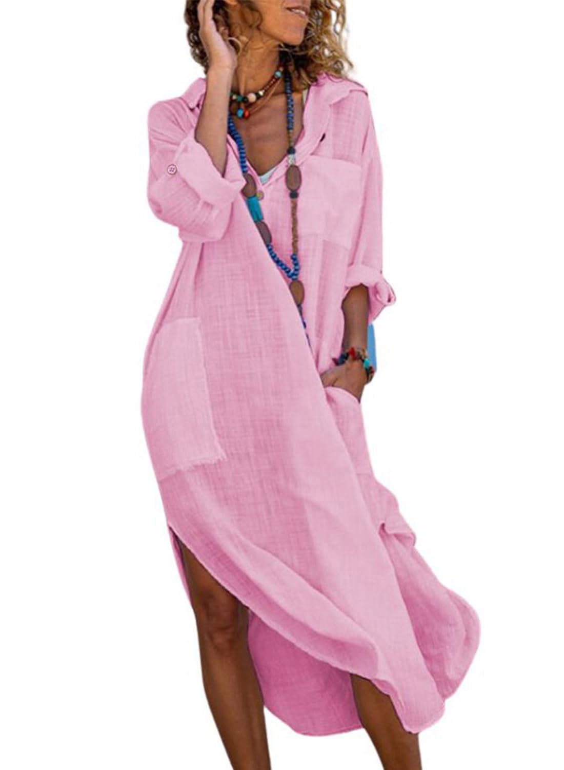 utcoco - Abiti lunghi casual da donna in cotone e lino, dal taglio ampio, con revers, bottoni, maniche con risvolto, spacco laterale e tasche