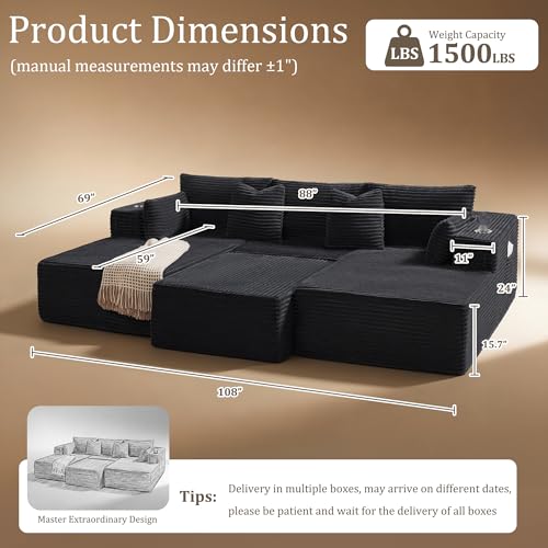 Image of 108 inch Cloud Sectional Couch, Comfort Sleep Sofa for Living Room, Extra Deep Seats No Assembly, Minimalist Modular Couch, Corduroy (Black, Widen Loveseat Chaise)