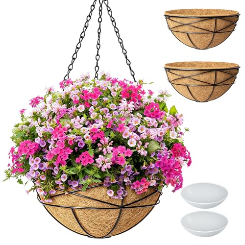 Karlliu 2 Pack 14 Inch Hanging Flower Baskets for Outdoor Plants Large Metal Wire Planters with Coco Liner Pot for Home Planting Round Watering Plant Holders for Outside Garden