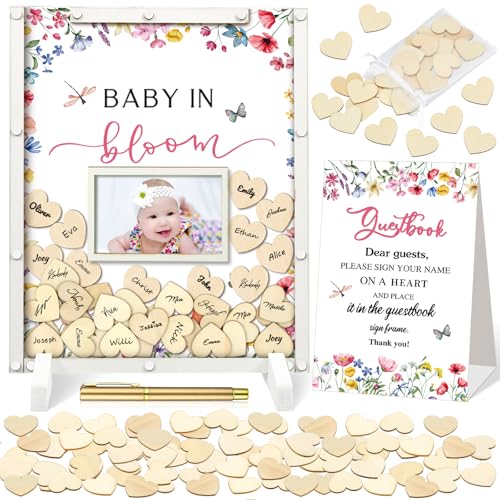 Image of Beeveer 65 Pcs Wildflower Baby Shower Guest Book Alternatives Baby in Bloom Shower Decorations Sign in Guest Book with Picture Frame and 60 Wooden Chip
