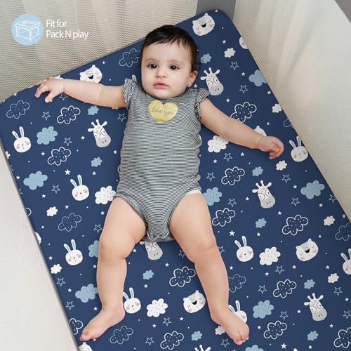 Image of Baby Mini Crib Sheets Boy, Portable 38 inchx26 inch Pack and Play Sheets Fitted for Playard and Pack N Play Mattress, 3-Pack Soft Microfiber Blue Cloud Animals