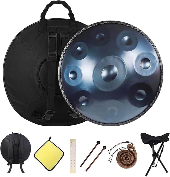 Handpan Drum 22 Zoll D-Moll - 9/10/12 Note Stahlinstrument mit Softbag, Schlägeln und Ständer, abgestimmt auf 432Hz und 440Hz