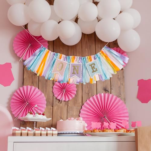Image of Rainbow High Chair Banner for 1st Birthday - Macaron Color inchONE inch Garland with Tulle for Baby Girl Smash Cake Photo, First Birthday Party Decorations