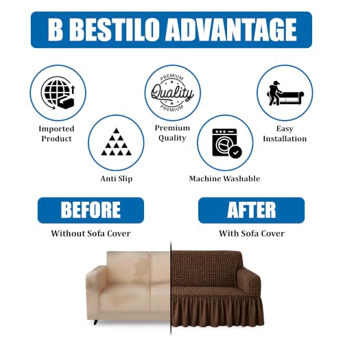 Image of Turkish Bubble Sofa Cover 3 Seater and 2 Seater | Fully Covered 5 Seater Sofa Cover Non-Slip Sticky Elastic Stretchable Imported Slipcover Protector (3+1+1 Seater Brown)