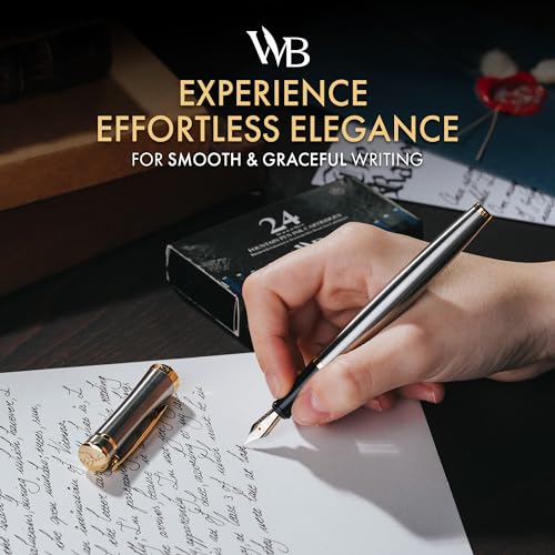 Image of Wordsworth & Black Luxury Fountain Pen Set for Writing, Medium Nib, Silver | Gift for Men & Women, Brass Body, 18K German Iridium, Calligraphy, Converter + 24 Ink Cartridges, Refillable, Leak-Free