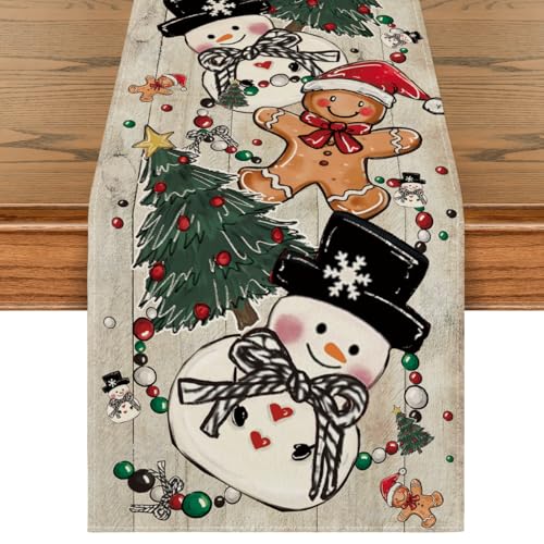 Artoid-Mode-Wood-Snowman-Gingerbread-Xmas-Pine-Merry-Christmas-Table-Runner-Seasonal-Winter-Kitchen-Dining-Table-Decoration-for-Home-Party-Decor-13x72-Inch