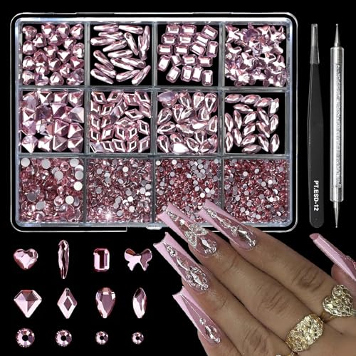 Cycullinyt 1660Pcs Pink Nail Art Rhinestones: 8 Types of Multi Shapes Diamonds + 4 Sizes Flatback DIY Crafts Rhinestone Crystals 3D Glass Stones Set + Tweezer + Pickup Pen