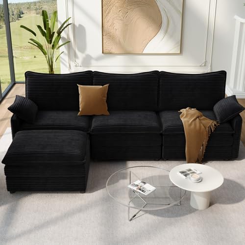 Image of Vesgantti 108 inch Modular Sectional Sofa, Comfy Cloud Couch with Movable Ottoman Deep Seat Corduroy L Shaped Modular Sofa, Sectional Couches for Living Room, Bedroom and Apartment, Black