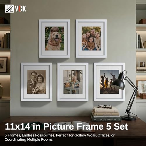 Image of VCK 11x14 Picture Frame 5 Pack, White Wood, 8x10 Mat, Glass, for Photo