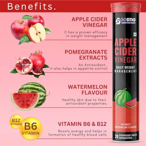 Image of Apple Cider Vinegar Effervescent Tablet - For Weight Loss With Pomegranate Extract, Vitamin B6 & B12 For Refreshing Detox & Metabolism Boost, No added Sugar (20 count (Pack of 1), Watermelon)