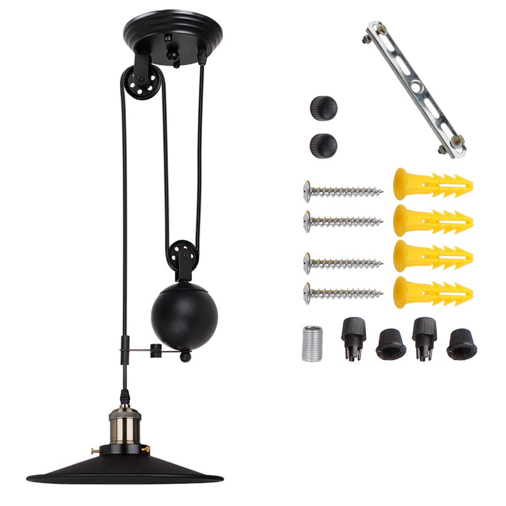 iDEGU Lámpara de Techo Vintage, Retro Lámpara Colgante Negro Diseño Industrial con Sistema de Poleas de Metal Regulable Lámpara de Araña para Comedor, Salón, Cocina, Restaurante