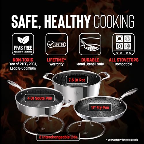 Hell's Kitchen Hybrid Cookware Set, Tri-Clad Stainless Steel and Nonstick Ceramic, PFAS Free, no PFOA, no PTFE, no Teflon, Non Toxic Cookware, Metal Utensil Safe, All Cooktops and Oven Safe by Hell's Kitchen - Image 2