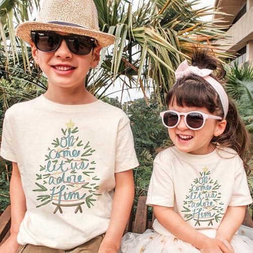 Oh Come Let Us Adore Him - Christian Christmas Shirt - Jesus Manger Christmas Tree - Boy Girl Toddler Youth Kids Clothing2
