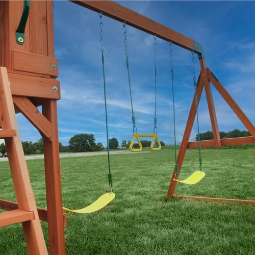 Backyard Discovery Atlantis Cedar Wood Swing Set with Wave Slide, Raised Clubhouse, Rock Wall, Belt Swings, Trapeze, Balcony, Lower Play Space, Snack Bar, Sandbox Area, Step Ladder, Outdoor Playset - image 6