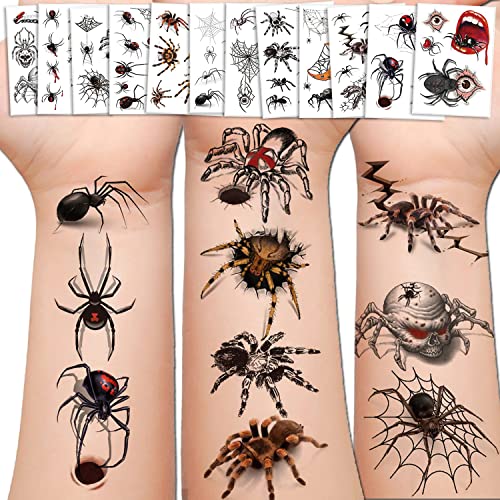 Halloween Spinnen Tattoos - 12 Blatt Temporäre Aufkleber für Kinder Mit Schaurigen Spinnweben und Realistischem Stereo-Effekt - Schwarz