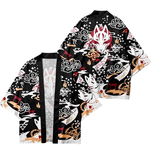 Image of DOSLAVIDA Men's Japanese Kimono Cardigan Suit Chinese Style Printed Jacket Pants Set Open Front Seven Sleeve Top & Shorts