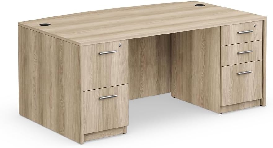 NBF Bowfront Executive Office Desk for Home - Wooden Pedestal Table with Locking Drawers on Both Sides - At Work Ideal Metal Drawer Desk for Business Use - 71" W, Warm Ash Laminate