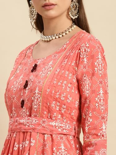 Image of rangita Coral Cotton Calf Length Embroidered Anarkali Kurti for Women | Kurta for Women