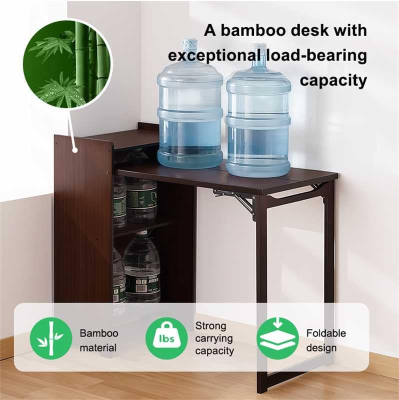 Image of Walnut Foldable Office Desk, Fold Out Convertible Hidden Computer Desk with Storage Shelves, Multi-Function Folding Murphy Writing Table for for Small Spaces, Home Office