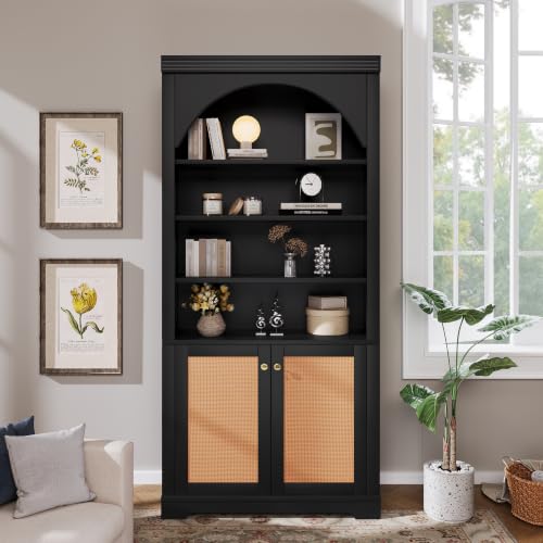 Image of Tall Bookshelf with Rattan Doors&4-layer LED Lightings (Black Rattan) | Modern Bookcase with Rattan Doors and Open Adjustable Shelves,Storage Bookshelf for Living Room,Home Office