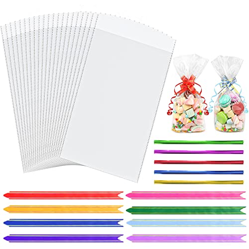 Cellophane Bags 50pcs (6 x 10 Inches) Clear Cellophane Bag with 80pcs Colorful Pull Bows & 50pcs Colorful Ties Flat Bottom Sweets Clear Bags for Present Packaging.