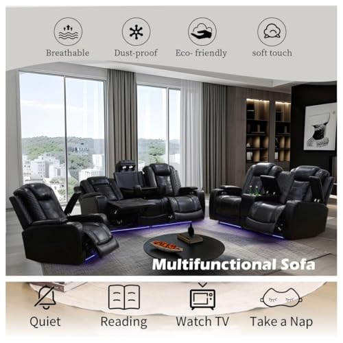 Image of Power Recliner Chair, Leather Recliners with Home Theater Seating, Oversized Single Electric Recliner Sofa Breathable Living Room Chairs for Adults Reading Gaming, Black