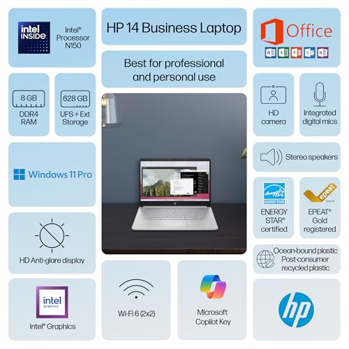 Image of HP Ultrabook 14 Laptop Computer Business Study & Home 2025, Lifetime MS Office + Windows 11 Pro, Quad-Core Intel CPU, 8GB RAM & 628GB Storage (128GB UFS+500GB Ext), Wi-Fi 6, HubxcelAccessory, Silver