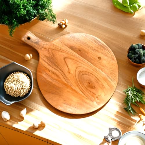 Image of Fobterm Wooden Chopping Board - Chopping Board Wood for Fruits, Vegetable Made in India Large Size. [ 40 cm x 30 cm ] (Round Board with Handle)