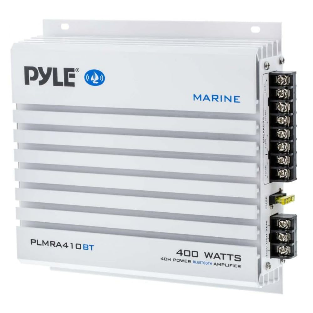 KIT SET PARA PYLE PLMRA410BT 1 Amplificador marino de 4 canales, clase AB, 4 x 100 vatios máx., impermeable, conectividad Bluetooth 2.1, para piscinas, barcos, embarcaciones, 1 pieza + cables gratis