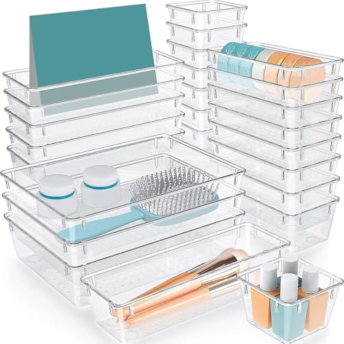 NEXROLA Organizador de Escritorio, Juego de 25 Piezas - Organizador de cajones, 4 tamaños de plástico Transparente - Cajas organizadoras con Puntos de Silicona Antideslizantes NEXROLA Organizador de Escritorio, Juego de 25 Piezas - Organizador de cajones, 4 tamaños de plástico Transparente - Cajas organizadoras con Puntos de Silicona Antideslizantes