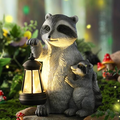 Pinkunn 9.5 Inch Solar Raccoon Family Garden Statues with LED Lights Home Decorations Outdoor Garden Raccoon Statue for Patio Balcony Yard Lawn Ornament Housewarming Birthday Gifts for Women