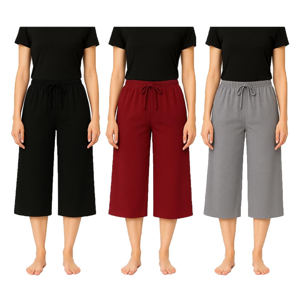 Women's Casual Regular Fit Cotton Plain Loosefit Capri, 3/4th Capri For Girls Black, Grey, Marrone (Pack Of 3)-picture-31