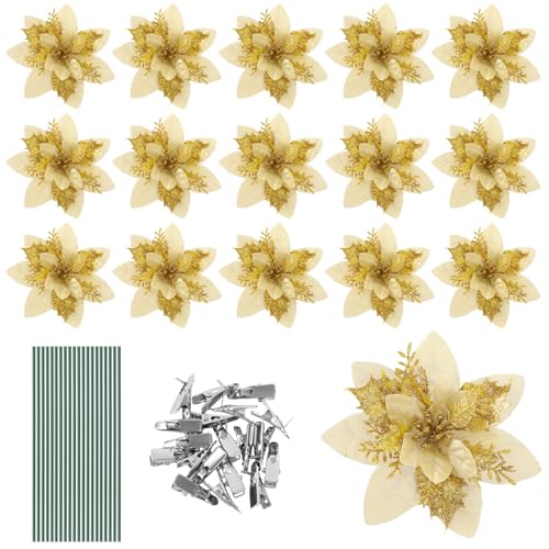 JULBEAR Estrella de Navidad artificial, 16 unidades de flores de Navidad con purpurina, flores artificiales con clips, para decoración de árbol de Navidad, adornos para árbol de Navidad, color dorado