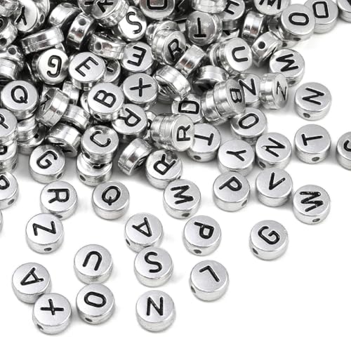 PONABEADIY Cuentas de Letras Opacas de 7mm con Agujeros, Acrílicas, Planas, Redondas, Surtidas, de Plástico Plateado, Espaciadoras Sueltas para el Cabello, para Hacer Joyas, Pulseras, Collares, Pendie