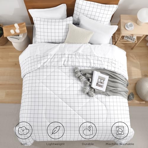 Image of Andency King Size Comforter Set White Gingham, Plaid Grid Checkered Bedding Comforter Set for King Size Bed, 3 Pieces Lightweight Reversible Modern Geometric Bedding Set(104x90 Inch)