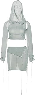 AYAZER Knitted Solid Tassel Two Piece Set Women Summer Hooded Long Sleeve Crop Top High Waist Hip Wrapped Mini Skirts Club Streetwear