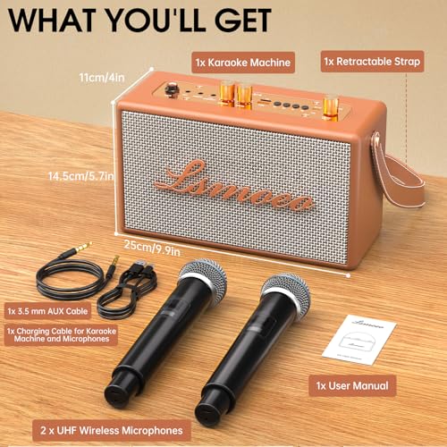 Image of Karaoke Machine for Adults,2 Wireless Microphones for Karaoke Speaker, Portable Microphone and Speaker Support Four-Channel Microphone Expansion for Home Part,Car,Indoor /Vintage Gifts-Brown