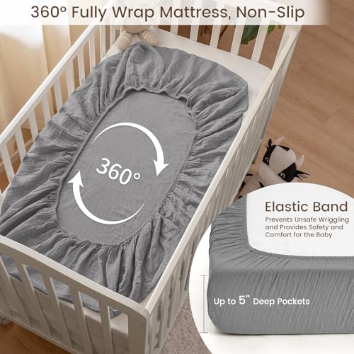Image of david's kids Muslin Mini Crib Sheets, 2 Pack Cotton Pack N Play Sheets for Boys Girls Neutral, Soft Breathable Baby Sheets Fit Pack N Play, Playard and Mini Crib Mattresses, Beige & Grey