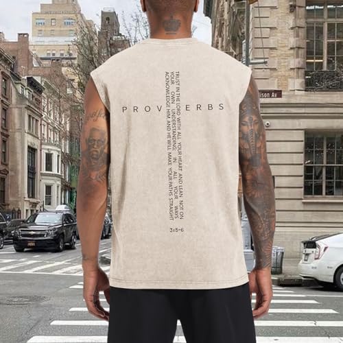Image of Christian Gym Workout Tank Tops for Men Vintage Bible Verse Cross Graphic Sleeveless Muscle Shirts Acid Wash Tanks Top