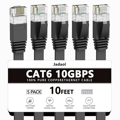 Jadaol Cat 6 Ethernet Cable 10ft 5Pack, Outdoor & Indoor, 10Gbps Supports Cat8/7 Network, Heavy Duty LAN Internet Patch Cord, Weatherproof High Speed Cable for Router, Modem, Xbox, PS4, Switch, Black