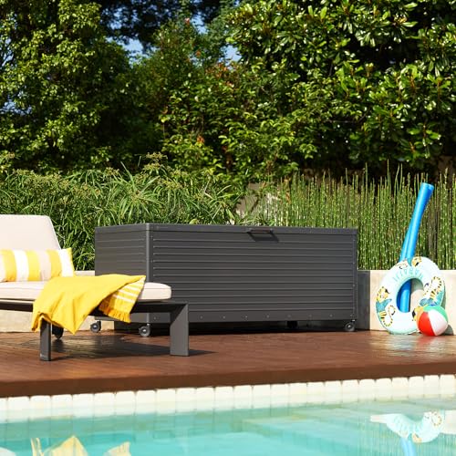 Image of MIRADOR 281 Gallon Outdoor Storage Box with Wheels & Soft-Close Lid, Waterproof Metal Deck Box for Patio Cushions, Garden Tools & Pool Accessories, Charcoal