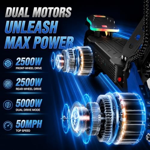 Image of Electric Scooter for Adults, Max 50-56MPH & 55-70Mile Range | 5600Ww /5000W /10000W Dual Motors,60V 25 /30AH,Dual Suspension Folding E-Scooter with LED Lights & Off-Road Tires