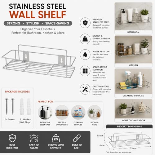 Image of Namani Stainless Steel Pack of 2 Wall Mount Shelves for Kitchen & Bathroom | Heavy Duty Storage Shelf for Spice Rack, Toiletries, Condiments & Home Organizer | Rustproof Metal Wall Shelf (Silver-2)