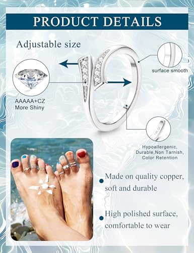 JeryWe 9 Pcs Adjustable Toe Rings for Women Open Cuff Toe Rings Silver Golden Summer Beach Toe Rings Set CZ Tail Pinky Band Rings Beach Foot Jewelry Set2