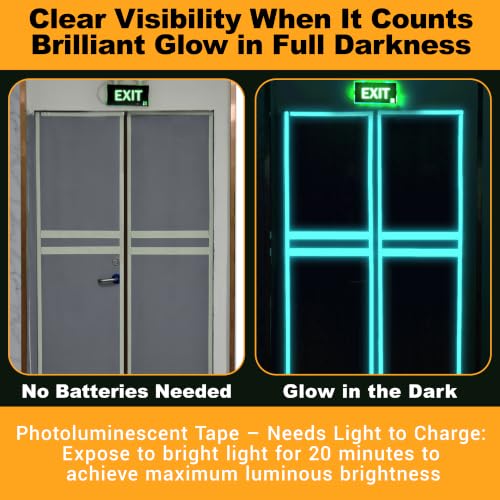 Image of High Brightness Glow in the Dark Tape for Safety Marking, Art Craft DIY, Halloween Deco and Party Accessories. Non-Toxic Adhesive, Waterproof Rechargeable Luminous Tape Blue-Green Light (2 in X 30 ft)