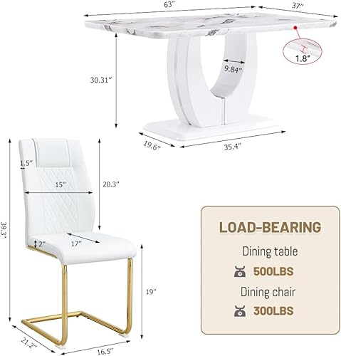 Vista 2 de JUFU Moderno juego de mesa de comedor y 4 sillas, juego de mesa de comedor de mármol sintético blanco para 4, juego de mesa de comedor y 4 sillas